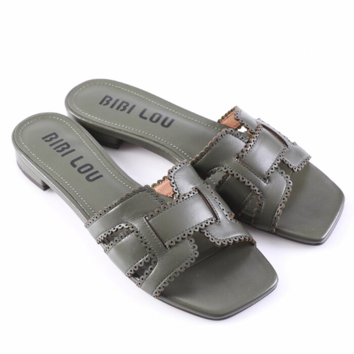 Olive green leather slide sandals with scalloped edges and two straps, BIBI LOU on the insole.