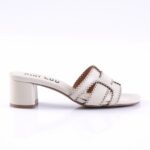 White open-toe block-heel sandal with braided straps and scalloped edges on a white background, side view