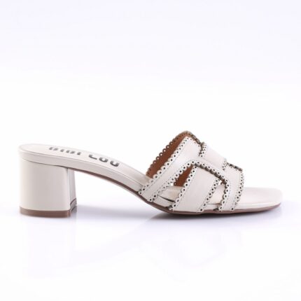 White open-toe block-heel sandal with braided straps and scalloped edges on a white background, side view