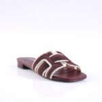 Maroon woven slide sandal with cream braided trim and open toe on white background