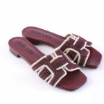 Maroon slip-on sandals with braided burgundy and cream crochet straps
