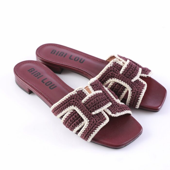 Maroon slip-on sandals with braided burgundy and cream crochet straps