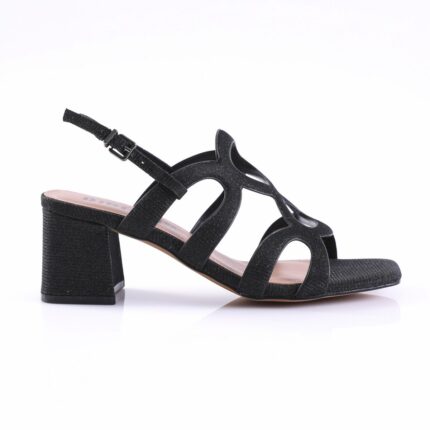 Black glittery strappy sandal with a chunky block heel and ankle strap buckle (open toe).