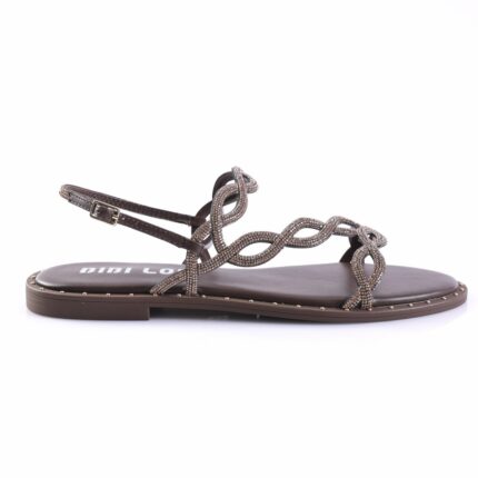 Brown flat sandal with glittery braided straps and ankle buckle.