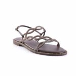 Brown flat sandal with interwoven beaded straps and metallic embellishments