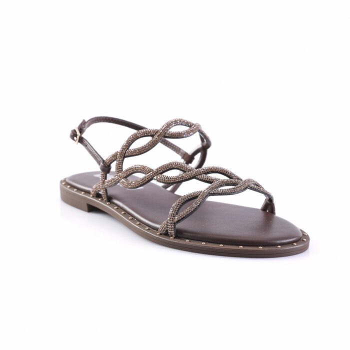 Brown flat sandal with interwoven beaded straps and metallic embellishments