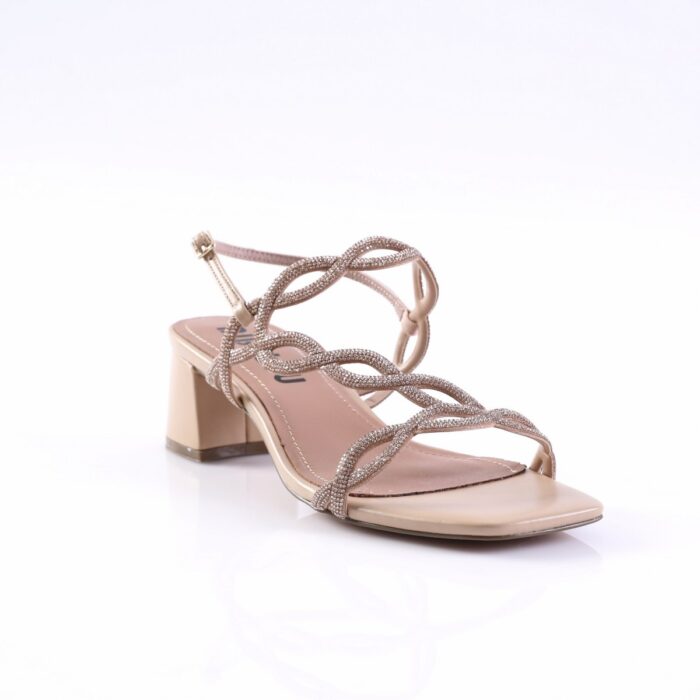 Beige glittery strappy sandal with a chunky block heel.