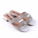 Silver square-toe sandals with multi-strand beaded straps and a low block heel, branded BIBI LOU
