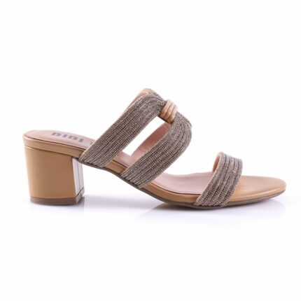 Beige heeled sandal with two sparkly, rhinestone-embellished straps and a block heel.