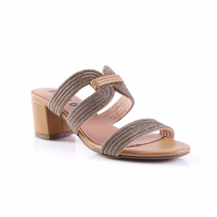 Beige open-toe sandal with glittery braided straps and a low block heel.