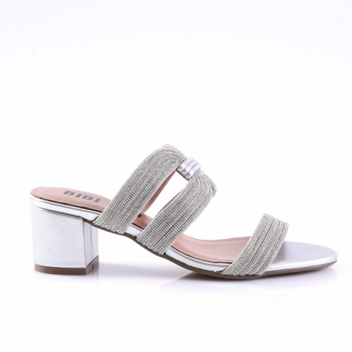 Silver open-toe sandal with multiple beaded straps and a chunky metallic block heel