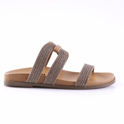 Beaded-strap slide sandal with a tan footbed and multi-strand jewel-embellished straps (women's footwear).