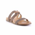 Beige flat sandal with sparkly braided straps and a knot detail at the center edge of the top strap(s).