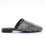 Black slide-on mule covered in silver rhinestones with a low heel, product photo