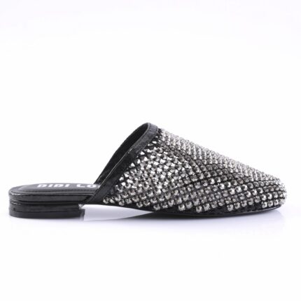 Black slide-on mule covered in silver rhinestones with a low heel, product photo