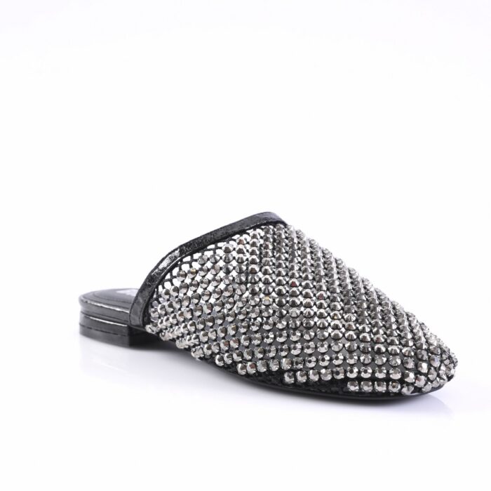 Black slip-on mule with a pointed toe, densely covered in silver rhinestones for a sparkly, dressy look. Low backless heel.