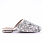 Silver rhinestone-covered mule sandal for women with a low stacked heel (open back).
