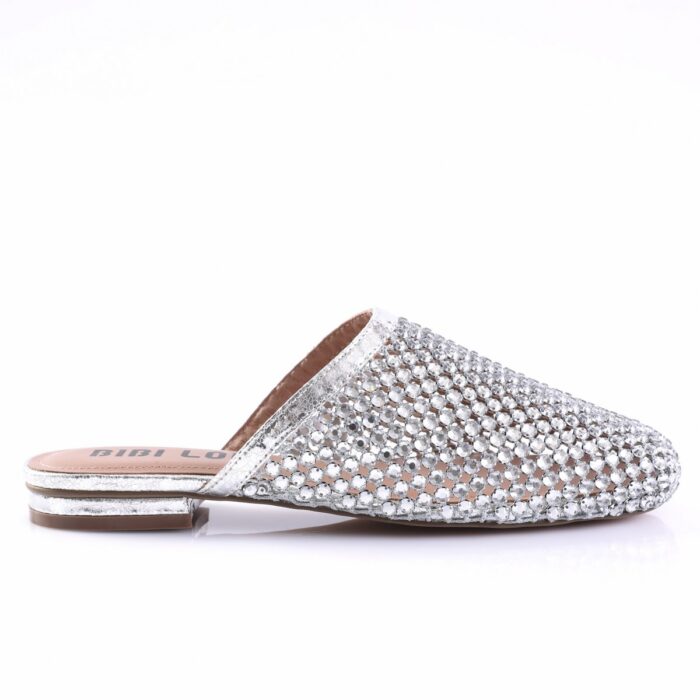 Silver rhinestone-covered mule sandal for women with a low stacked heel (open back).