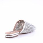 Silver rhinestone-embellished slide sandal with open back and low stacked heel.