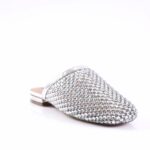Silver rhinestone-covered mule sandal with a low stacked heel, open back, and pointed toe silhouette.