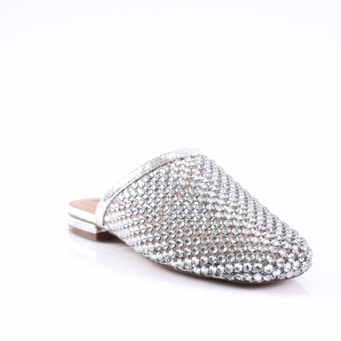 Silver rhinestone-covered mule sandal with a low stacked heel, open back, and pointed toe silhouette.