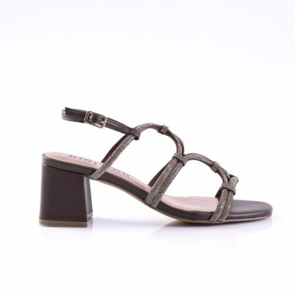 Beaded strappy sandal with a chunky mid-height heel and ankle buckle (women's dress sandal)
