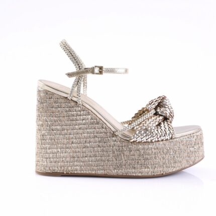Gold metallic woven wedge sandal with ankle strap and braided front, platform espadrille sole.