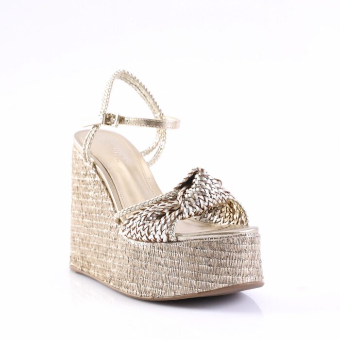 Gold-toned woven espadrille-style wedge sandal with an ankle strap and buckle.