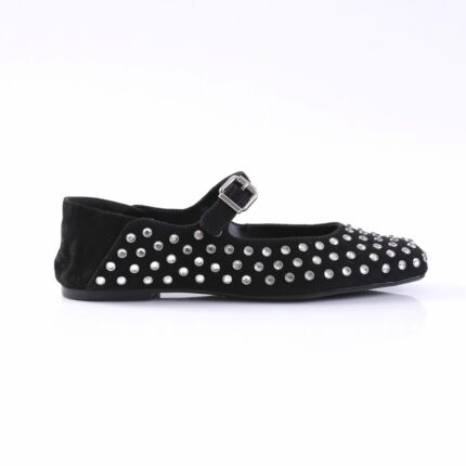 Black suede Mary Jane flat with a buckle strap and silver stud embellishments across the body