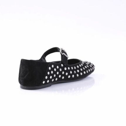 Black suede Mary Jane flat for women with silver studs and a small ankle strap, shown from rear-right.