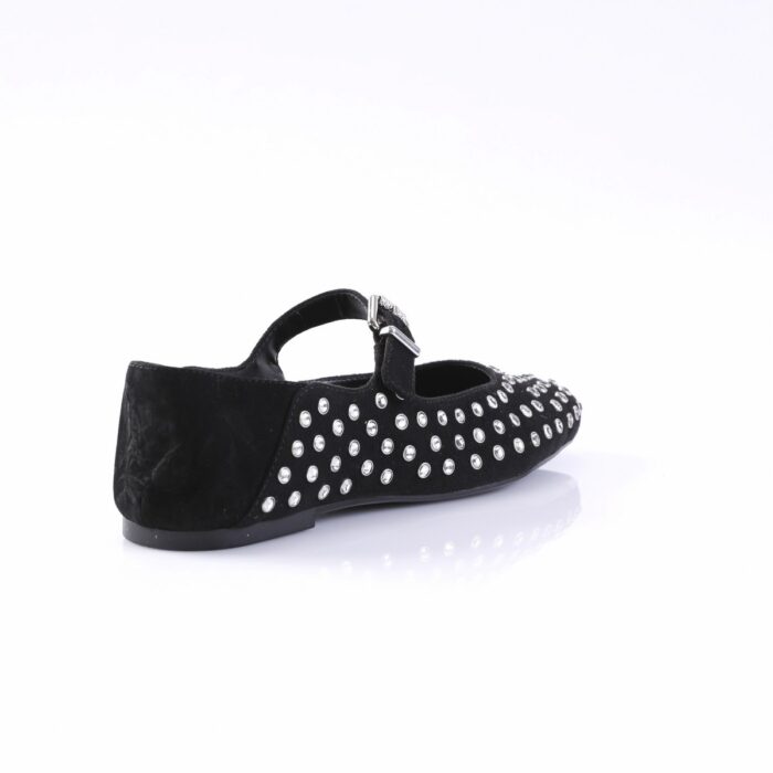 Black suede Mary Jane flat for women with silver studs and a small ankle strap, shown from rear-right.