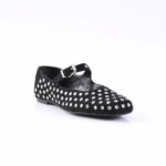 Black suede Mary Jane flat shoe covered with evenly spaced silver studs and a buckle strap at the ankle (fashion footwear).