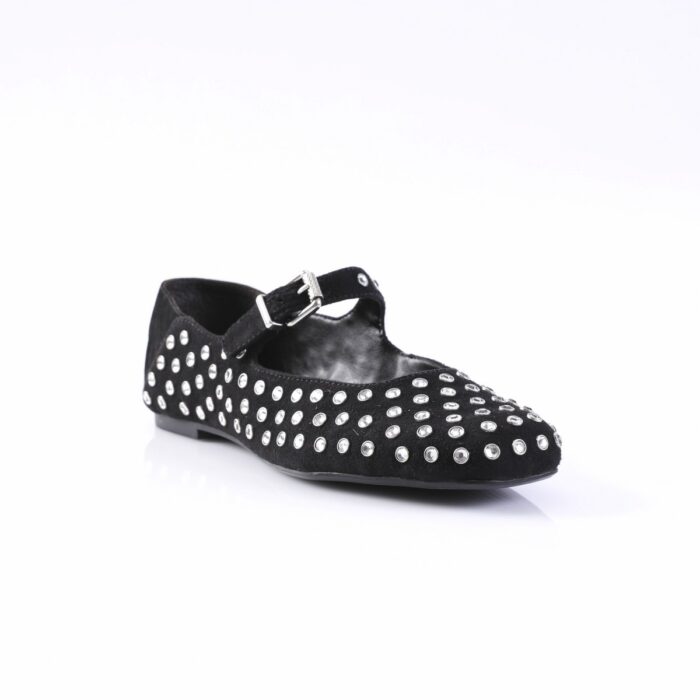 Black suede Mary Jane flat shoe covered with evenly spaced silver studs and a buckle strap at the ankle (fashion footwear).