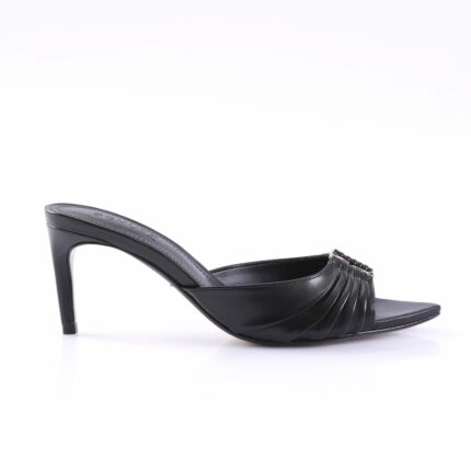 Black leather open-toe high-heeled mule with a pleated strap and beaded accent at the front.