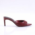 Maroon open-toe mule with pleated strap and small gold stud accents