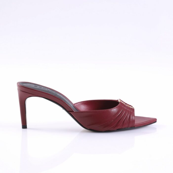 Maroon open-toe mule with pleated strap and small gold stud accents
