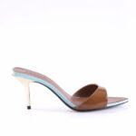 Open-toe brown patent slide sandal with light blue edging and beige curved heel, shown from the side.