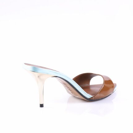 Brown patent leather high-heeled sandal with a light blue strap, shown from the side.
