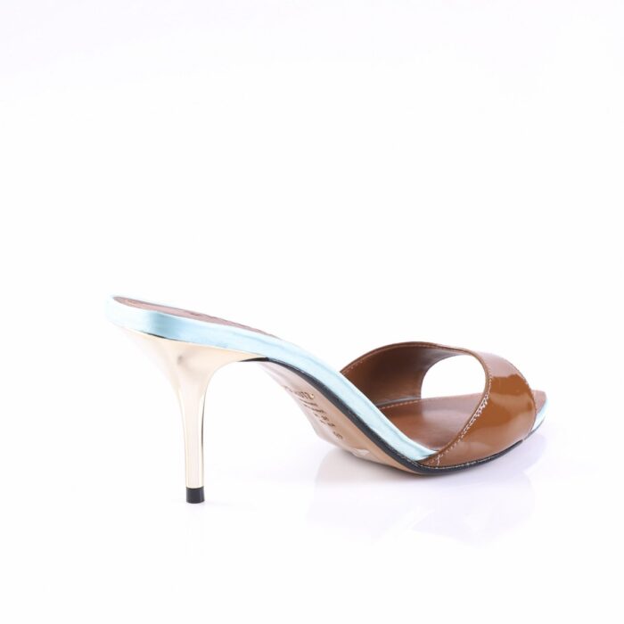 Brown patent leather high-heeled sandal with a light blue strap, shown from the side.