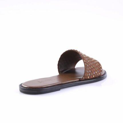 Brown slide sandal with studded, multicolored rhinestones on strap and a black sole.