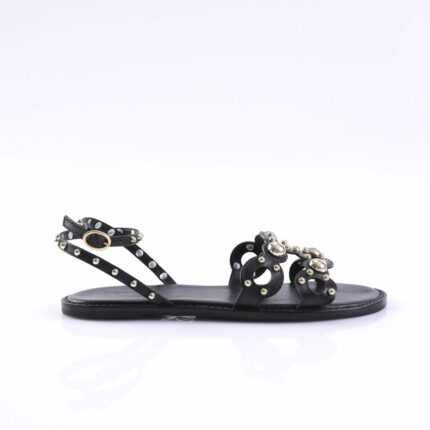 Black leather sandal with multiple studded straps and a small gold buckle on the ankle strapli