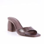 Brown leather open-toe slide with a chunky mid-height block heel for women, shown from a front-side angle