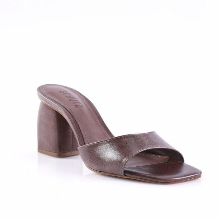 Brown leather open-toe slide with a chunky mid-height block heel for women, shown from a front-side angle