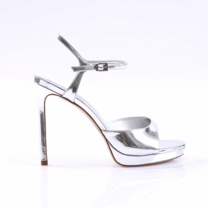 Silver metallic high-heeled sandal with ankle strap, open toe, side view