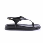 Black leather sandal with ankle buckle and thong toe strap on a flat sole, side view
