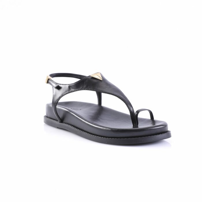 Black leather thong sandal with ankle strap and a gold triangular accent