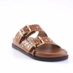 Brown leather sandal with two buckled straps and gold studs on a black sole against a white background.