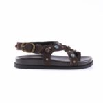 Brown suede sandal with jeweled studs and an ankle buckle (flat sole) for casual wear.