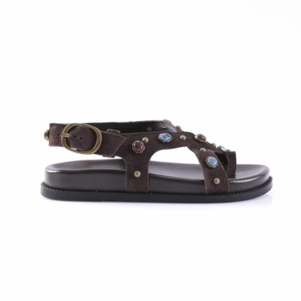 Brown suede sandal with jeweled studs and an ankle buckle (flat sole) for casual wear.