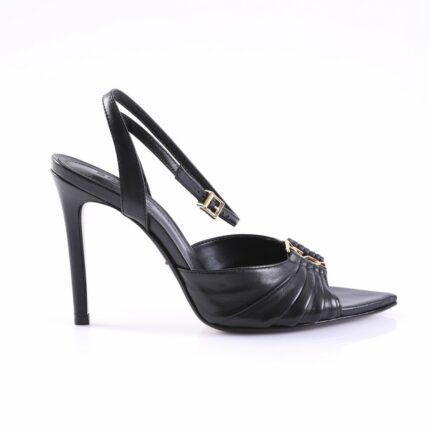 Black leather high-heeled sandal with an ankle strap and gold buckle